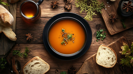 A warm bowl of pumpkin soup garnished with herbs perfect for cozy dining.の素材