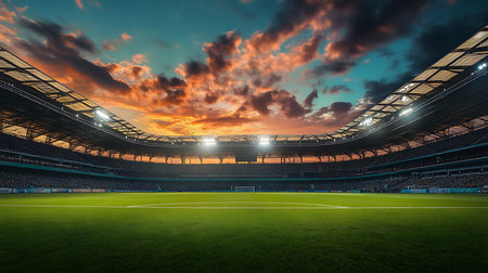 Experience the electrifying energy of a soccer match under a vibrant evening sky.の素材