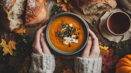 A heartwarming bowl of autumn soup captures the cozy essence of fall flavors.の素材