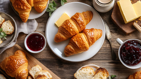 Delight in the warm buttery croissants served with jam and butter in a rustic kitchen setting.の素材