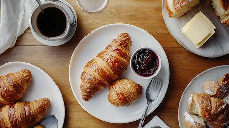 Experience a warm breakfast moment with fresh croissants and coffee in a cozy kitchen setting.の素材