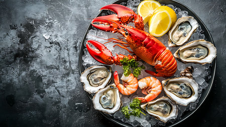 A vibrant seafood display with lobster oysters and shrimp on ice garnished with lemon.の素材