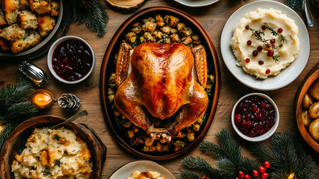 A beautifully arranged Thanksgiving dinner featuring turkey and sides celebrating festive culinary traditions.の素材