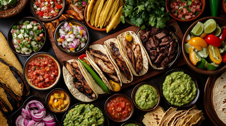Explore a vibrant taco spread at a local market showcasing fresh ingredients and culinary artistry.の素材