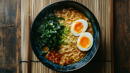 Experience the rich flavors of homemade ramen with a perfect egg and toppings in a warm kitchen.の素材