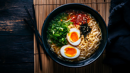 A vibrant bowl of ramen featuring eggs and fresh veggies perfect for a cozy meal.の素材
