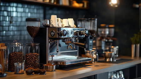 A skilled barista crafts coffee in a cozy urban capturing the essence of culinary artistry.の素材