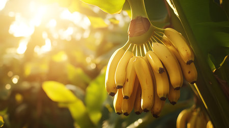 A vibrant bunch of bananas illuminated by sunlight in a lush tropical setting.の素材