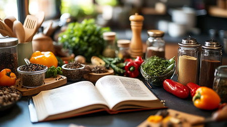 Explore the vibrant world of cooking with fresh ingredients and a recipe book.の素材