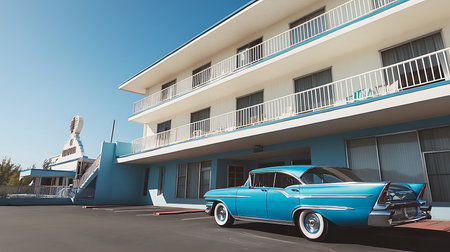 A classic 1950s car parked outside a vintage motel evoking nostalgia in an urban setting.の素材