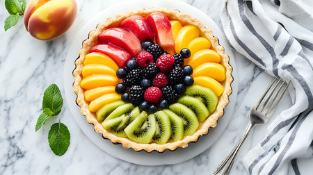 A vibrant fruit tart showcases colorful fruits in a beautifully crafted pastry.の素材