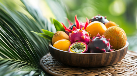 A vibrant bowl of exotic fruits showcases nature's bounty in a lush tropical setting.の素材