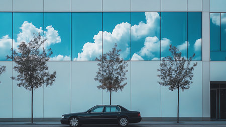 A sleek car stands against a backdrop of reflective glass panels and fluffy clouds showcasing urban beauty.の素材