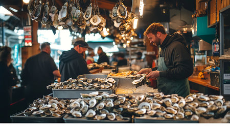 Discover the bustling scene of oyster harvesting at a vibrant seafood market.の素材