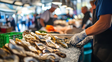 Explore the bustling atmosphere of a seafood market where oysters are freshly shucked and served.の素材