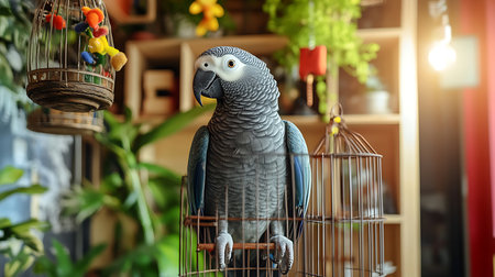 A beautiful grey parrot perched in a stylish indoor setting surrounded by greenery and warm light.の素材