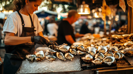 A skilled vendor expertly shucks fresh oysters at a bustling seafood market.の素材