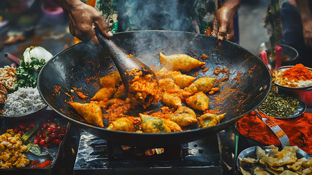 Experience the vibrant street food culture as chefs skillfully prepare delicious meals in an outdoor market.の素材