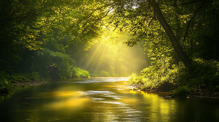 A serene river flows through a lush forest bathed in golden sunlight creating a tranquil atmosphere.の素材