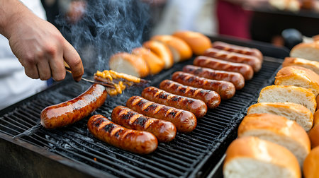 A backyard cookout featuring sizzling sausages on the grill perfect for summer gatherings.の素材