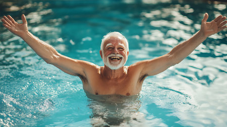 A happy elderly man enjoys a refreshing swim radiating positivity and joy in a serene pool setting.の素材