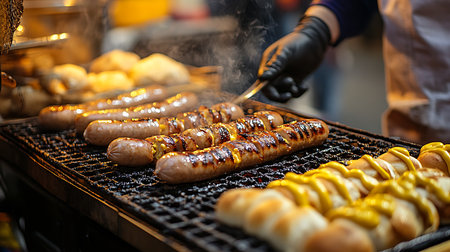 Sizzling sausages on the grill entice food lovers at a vibrant outdoor festival.の素材