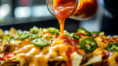 Indulge in a mouthwatering close-up of nachos topped with spicy sauce and jalapenos.の素材