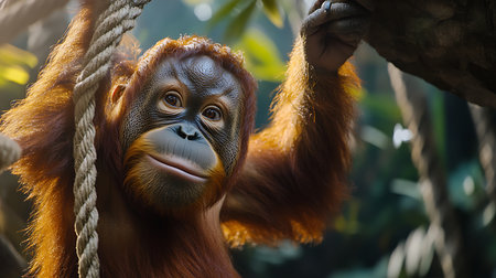 A playful orangutan swings in its lush tropical habitat showcasing the beauty of wildlife and the need for conservation.の素材