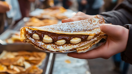 Indulge in a mouthwatering crepe filled with Nutella and bananas at a vibrant street food festival.の素材