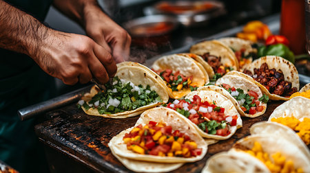 Experience the vibrant process of taco preparation at a bustling street food market.の素材
