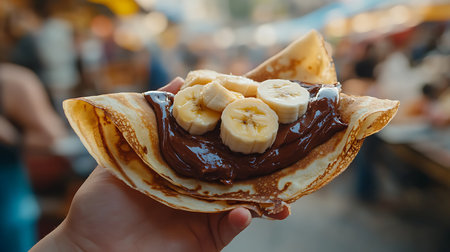 A savory crepe filled with Nutella and bananas showcasing street food culture.の素材