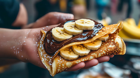 A hand holds a tasty crepe filled with bananas and chocolate showcasing street food culture.の素材