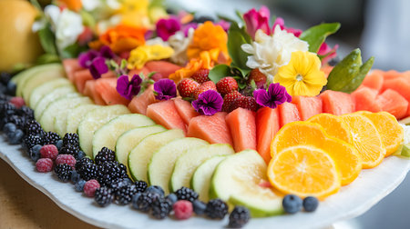 A colorful fruit platter beautifully arranged with edible flowers for a stunning culinary presentation.の素材