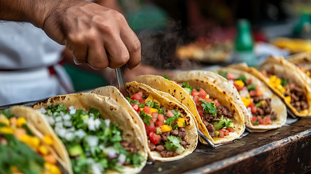 Discover the vibrant world of tacos at a bustling street food festival showcasing delicious culinary creations.の素材