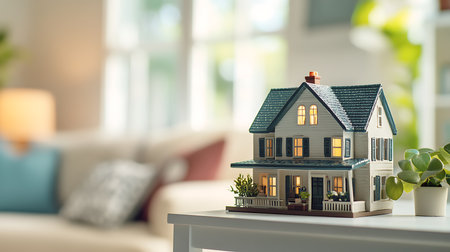 A charming miniature house captures the essence of cozy living in a well-lit room.の素材