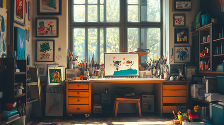 Explore a vibrant artist's studio filled with art color and creativity.の素材