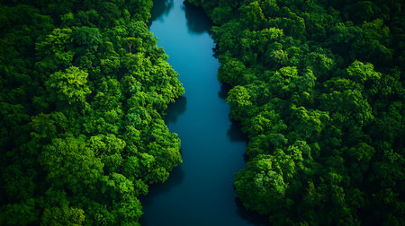 A breathtaking aerial view of a serene river winding through lush green forests showcasing nature's beauty.の素材