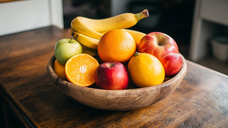 A vibrant assortment of fruits showcased in a wooden bowl emphasizing healthy eating.の素材
