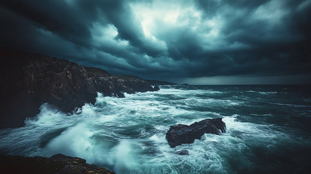 A dramatic seascape showcases stormy waves crashing against rugged rocks under dark brooding skies.の素材