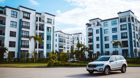 Explore a stunning modern residential complex in an urban setting under a bright sky.の素材