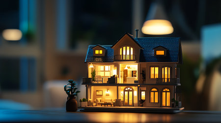 A beautifully lit model house creating a cozy and inviting atmosphere for indoor relaxation.の素材
