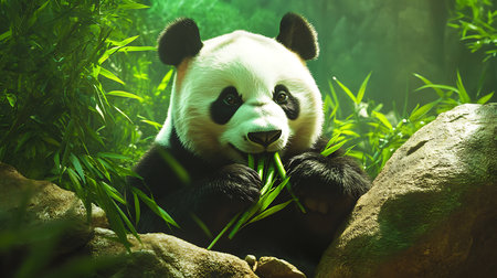 A serene panda enjoys its meal of bamboo in a vibrant green forest highlighting nature's beauty.の素材