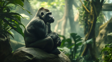 A solitary gorilla sits in a vibrant jungle showcasing its thoughtful demeanor while surrounded by lush foliage.の素材