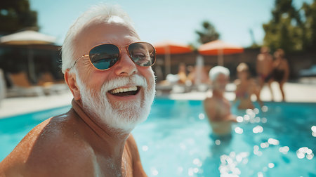 A cheerful senior man enjoys a sunny day by the pool surrounded by laughter and relaxation.の素材