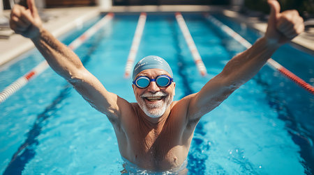 A cheerful senior swimmer gives a thumbs up after completing a lap in a lively pool setting.の素材