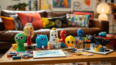 A colorful array of artistic objects brings life and creativity to a cozy living room space.の素材