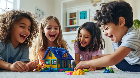 Four children joyfully play with a colorful toy house fostering creativity and laughter in a cozy living room.の素材