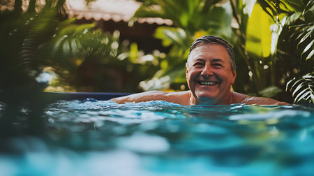 A joyful man floats in a serene tropical pool radiating happiness amidst lush greenery.の素材