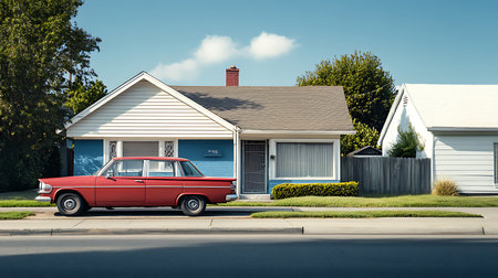 A picturesque scene showcasing a vintage red car parked in front of a cozy suburban home.の素材