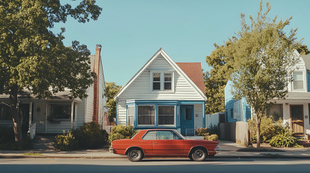 A classic red car is parked in front of a charming blue house on a sunny suburban street.の素材